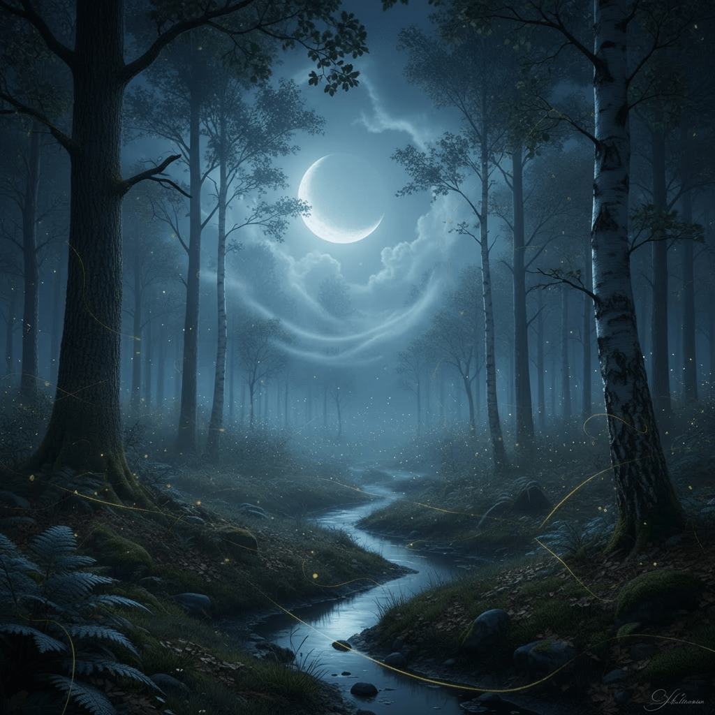 Crescent moon illuminates a misty forest with fireflies dancing over a winding stream.