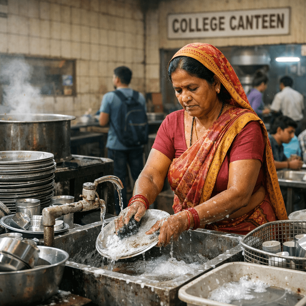 Woman washing plates at a sink in a college canteen