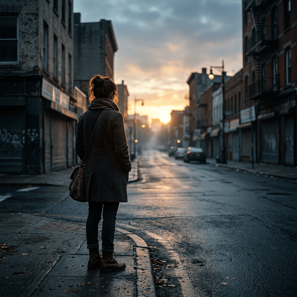 Person standing on a wet city street at sunset